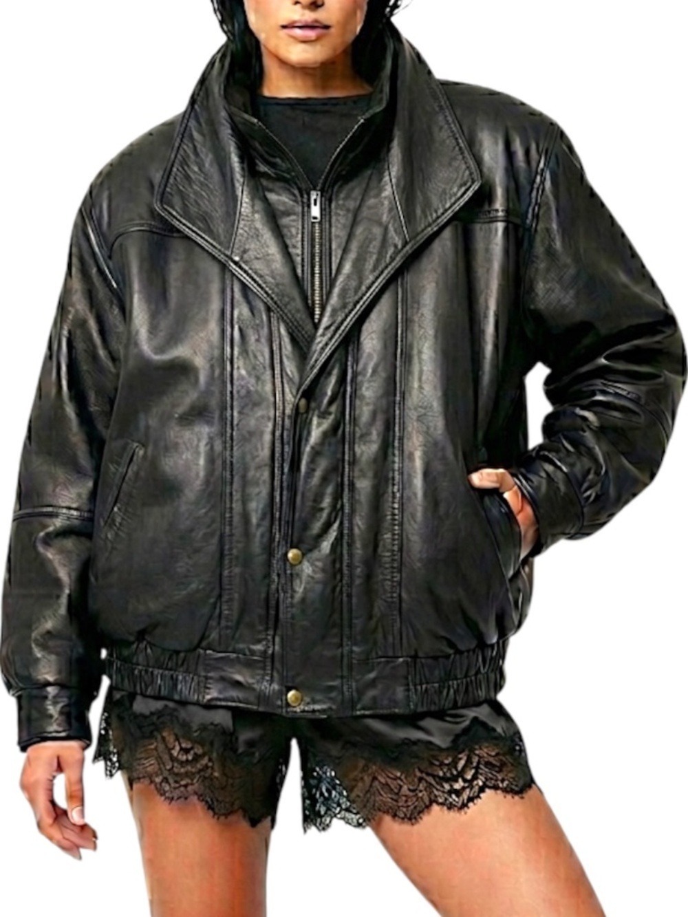 Vintage 80s 90s minimalist quiet luxury oversized black leather bomber jacket L